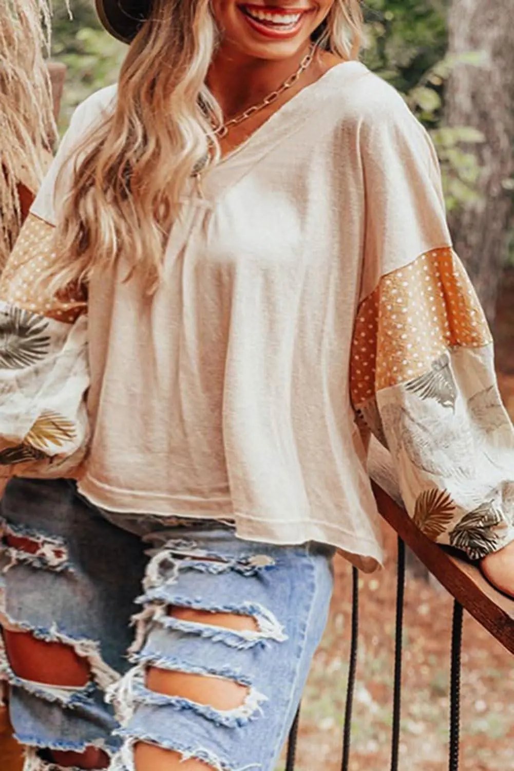 Chic palm print blouse with puff sleeves - Love Salve 