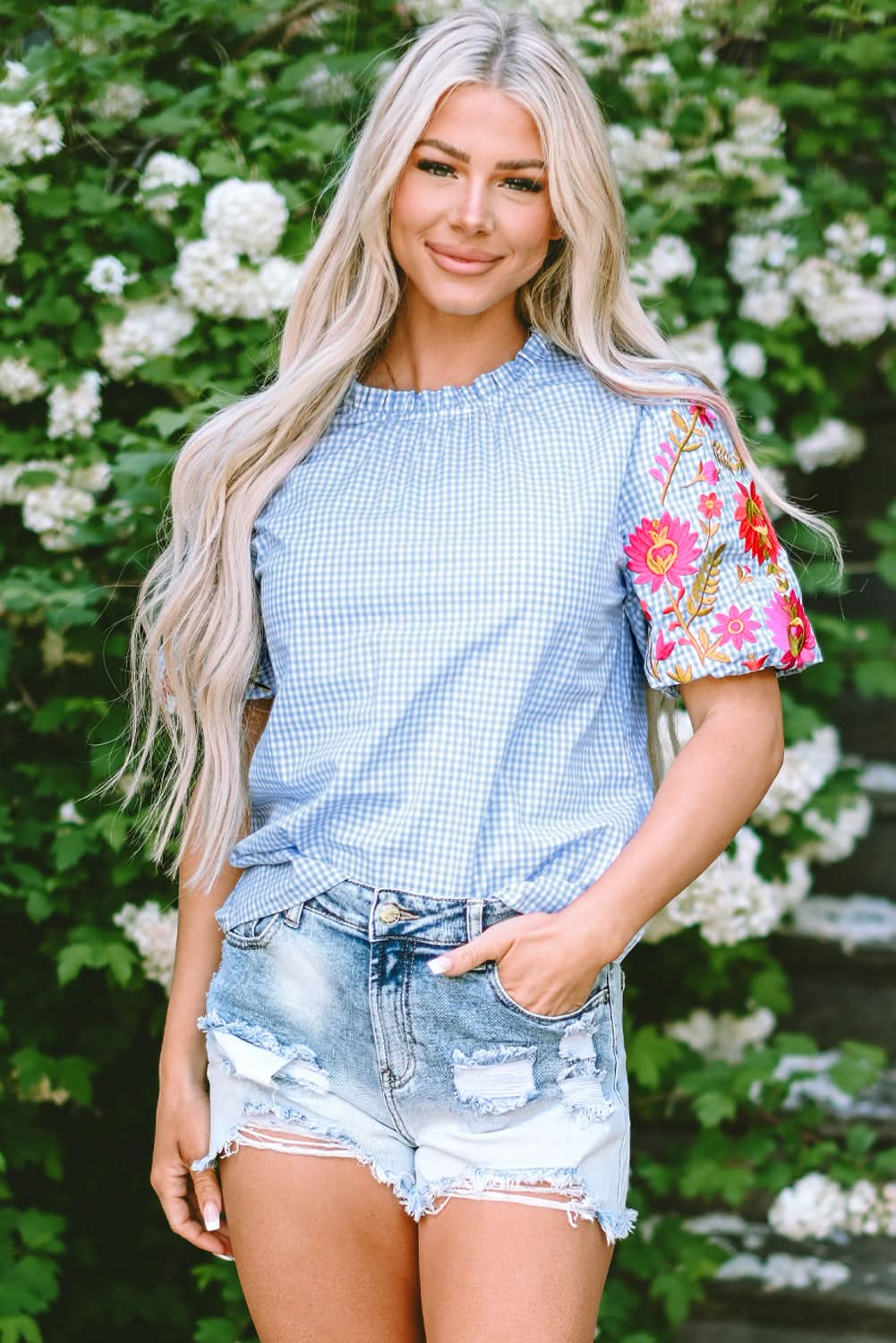 Light blue floral blouse with puff sleeves - Love Salve 