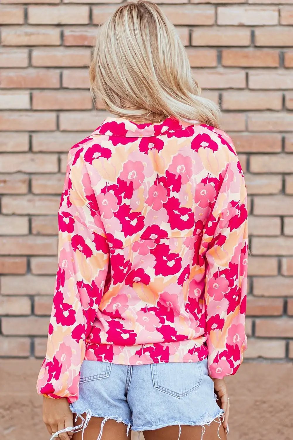 Chic pink floral puff sleeve shirt - Love Salve 