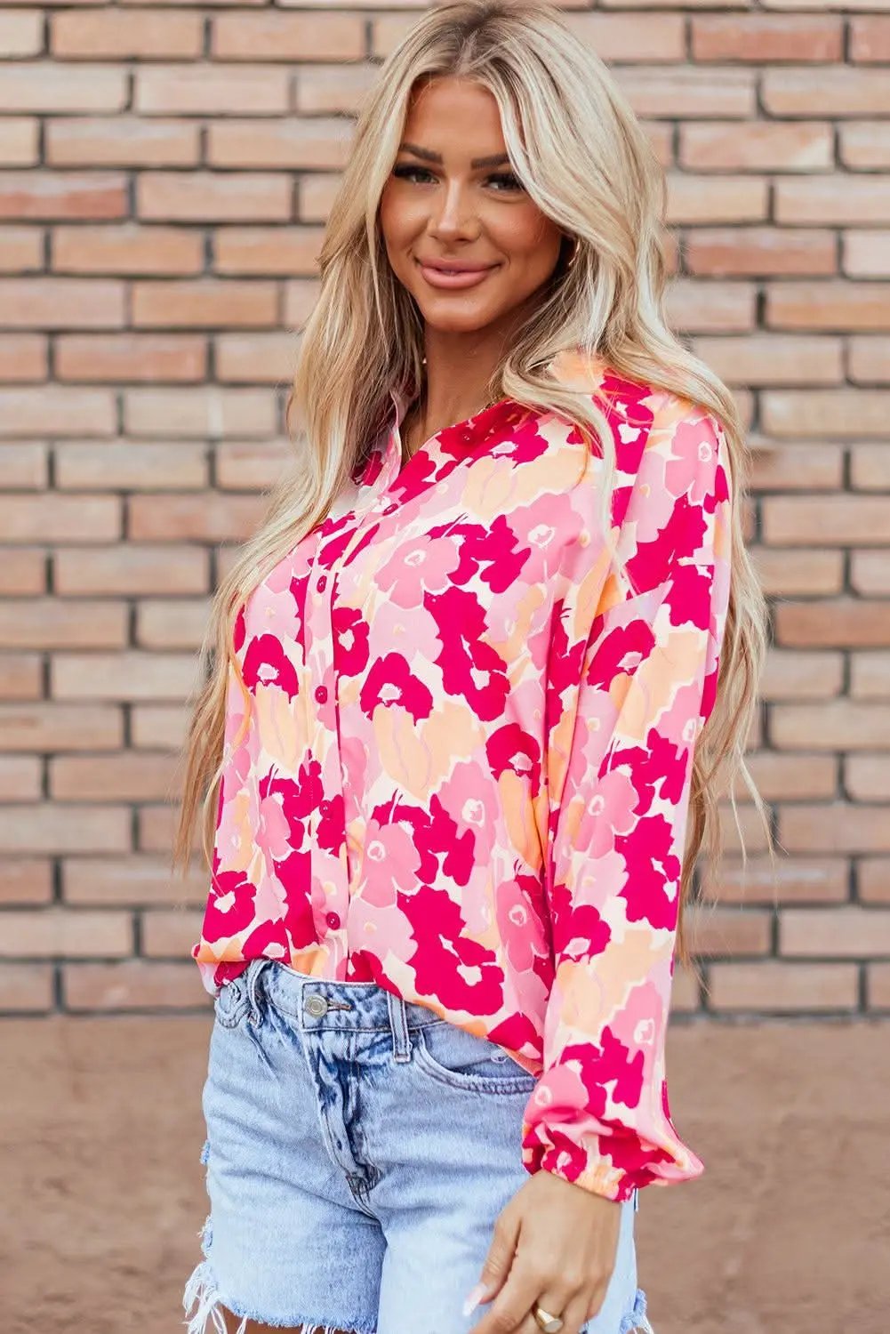 Chic pink floral puff sleeve shirt - Love Salve 