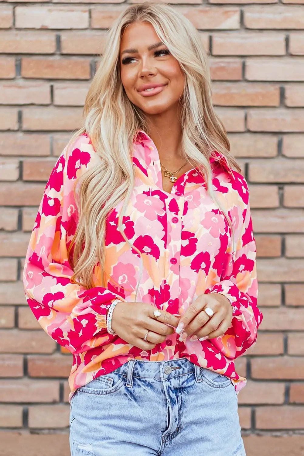 Chic pink floral puff sleeve shirt - Love Salve 