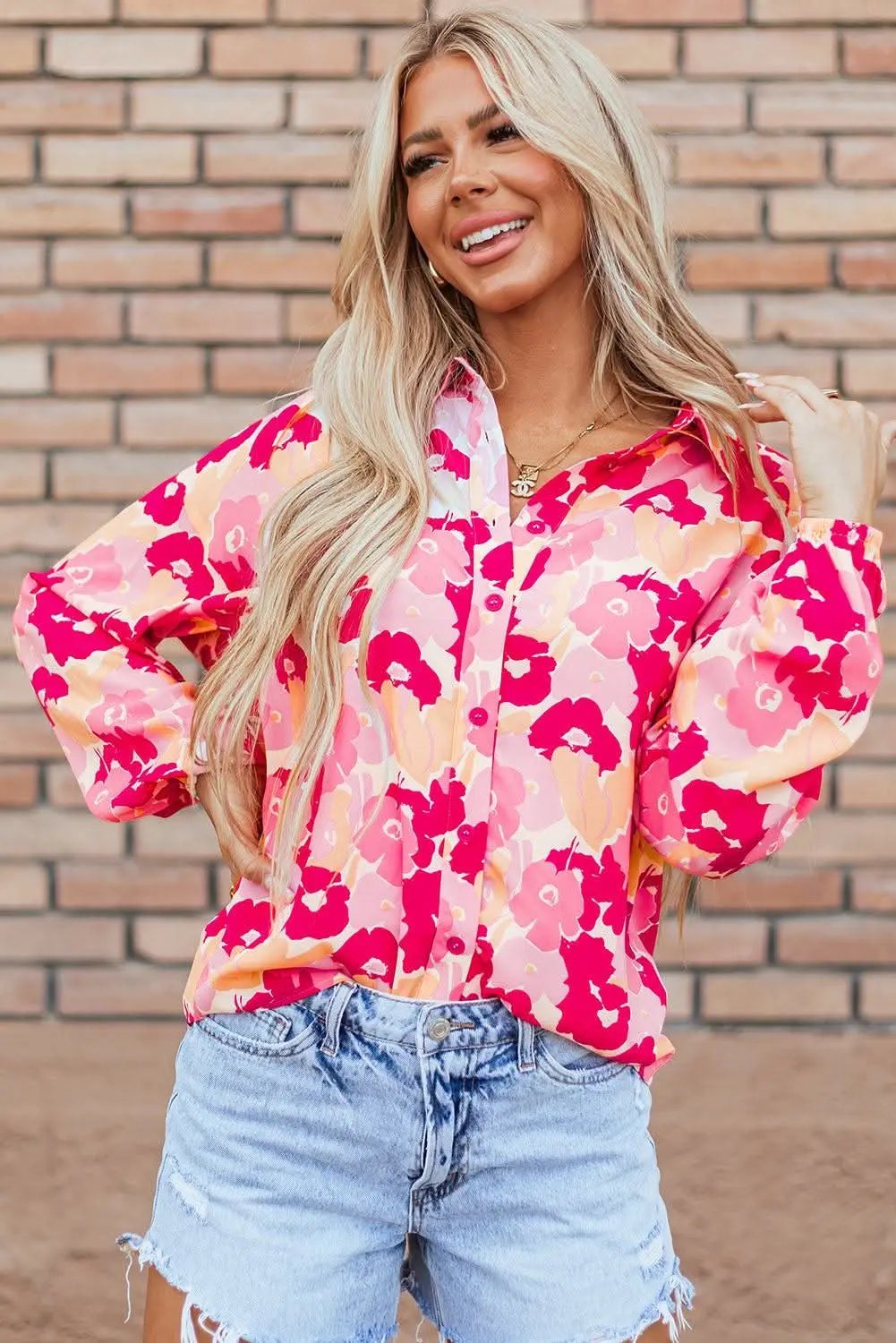 Chic pink floral puff sleeve shirt - Love Salve 