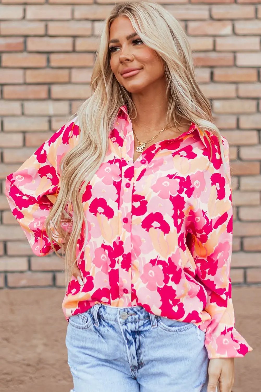 Chic pink floral puff sleeve shirt - Love Salve 