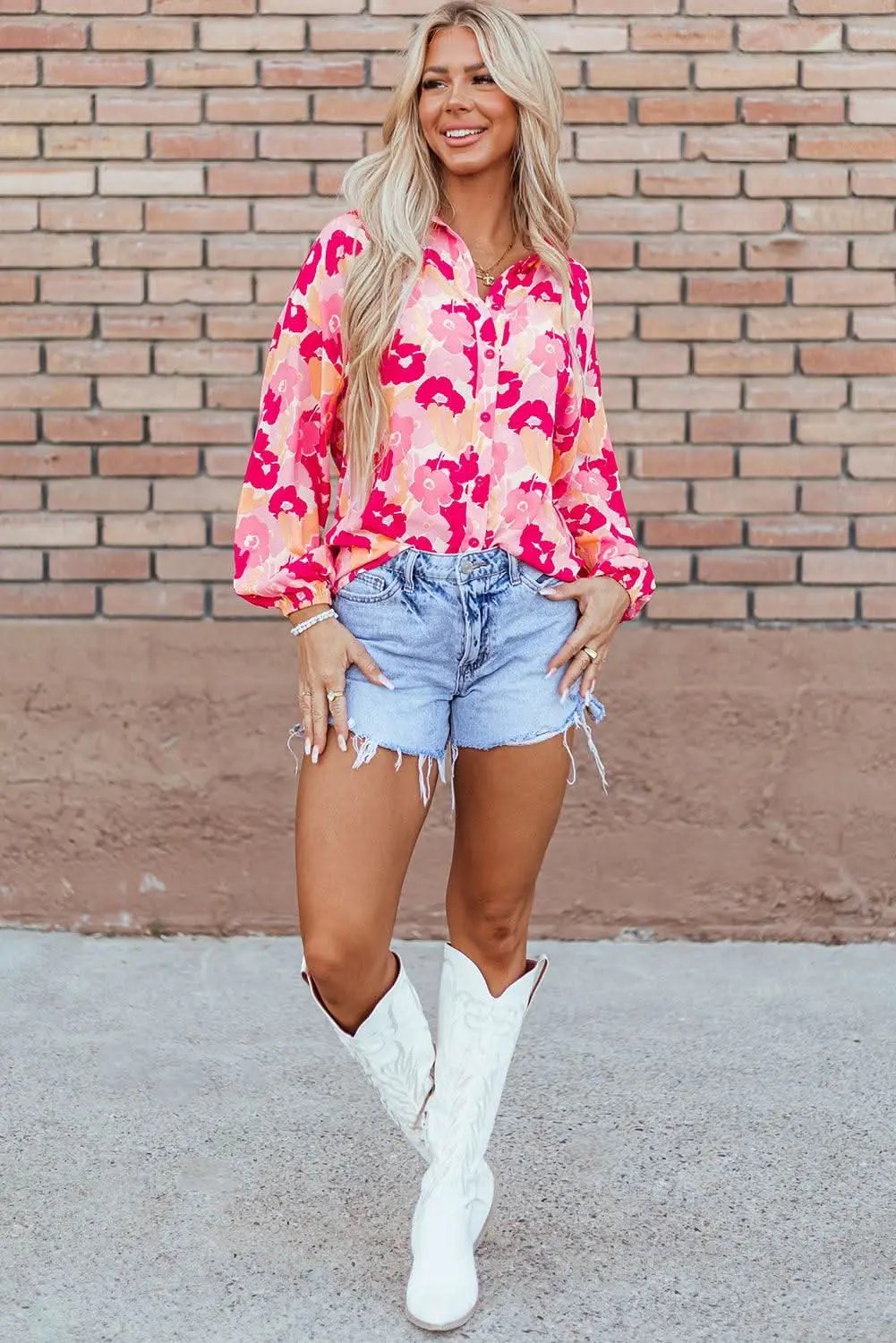 Chic pink floral puff sleeve shirt - Love Salve 