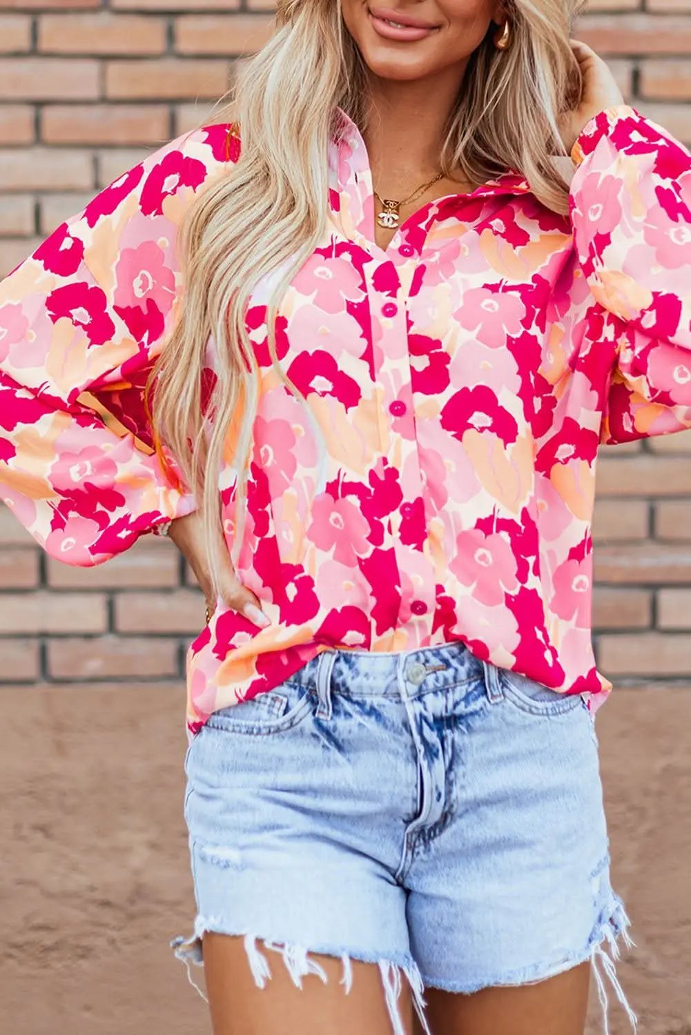 Chic pink floral puff sleeve shirt - Love Salve 