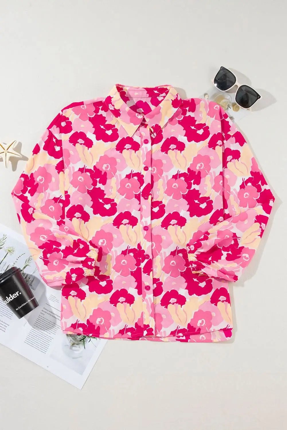 Chic pink floral puff sleeve shirt - Love Salve 