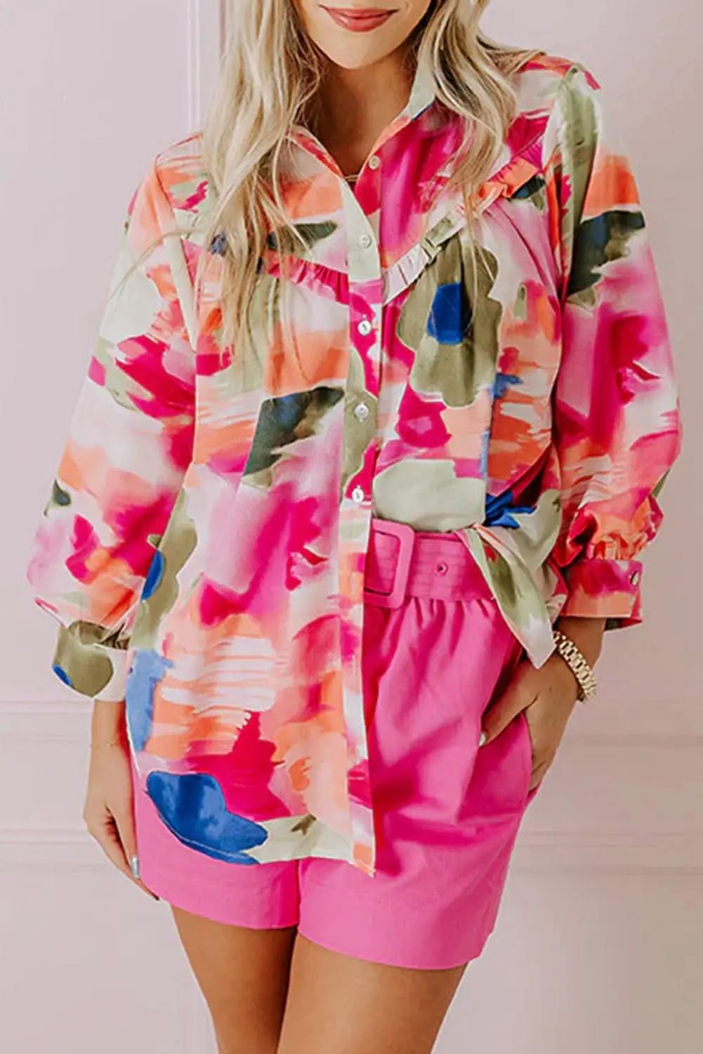 Chic rose abstract blouse with puff sleeves - Love Salve 