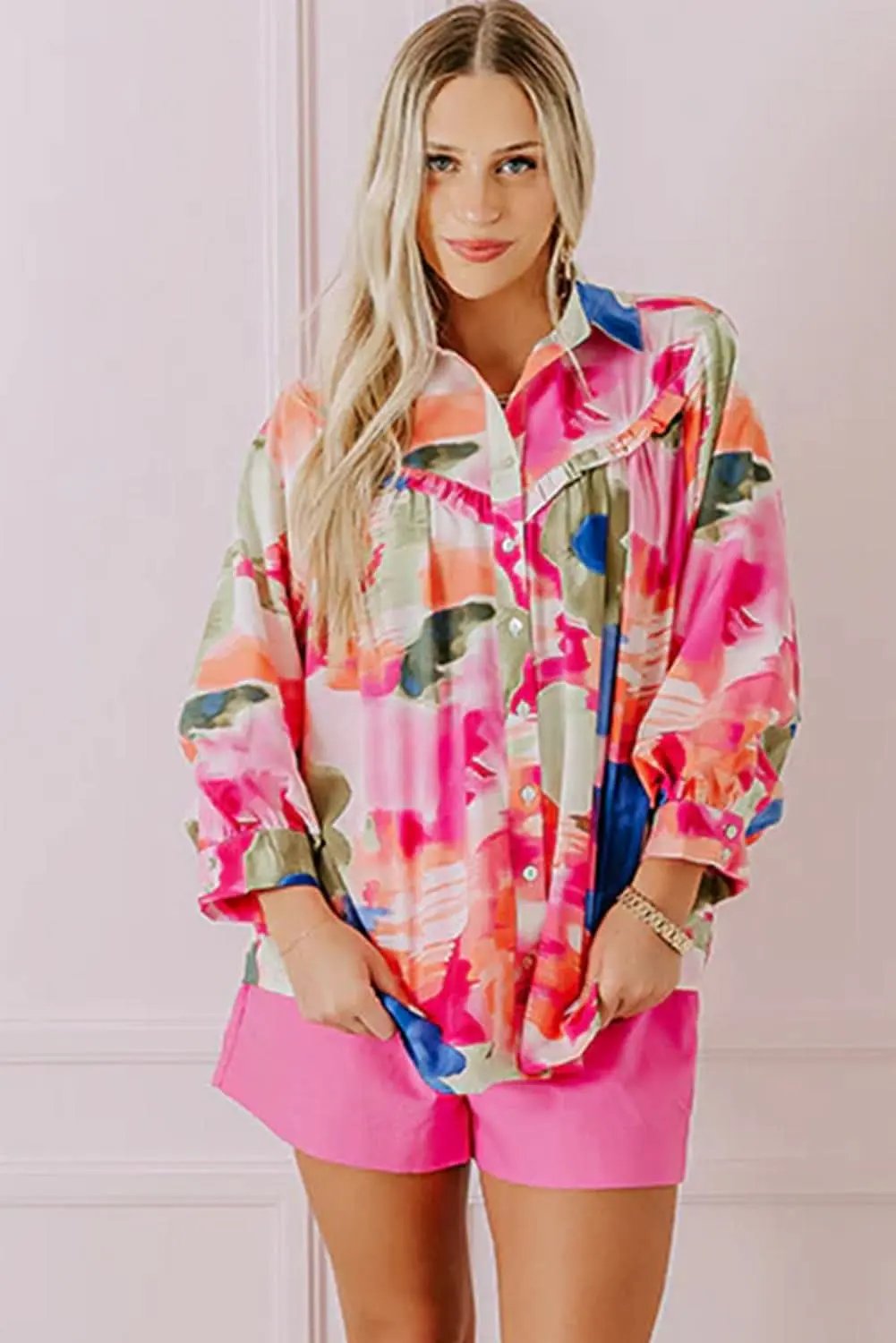 Chic rose abstract blouse with puff sleeves - Love Salve 