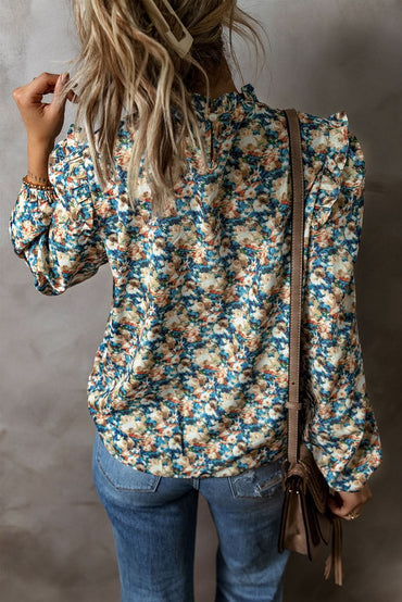 Floral mock neck blouse - sky blue - Love Salve 