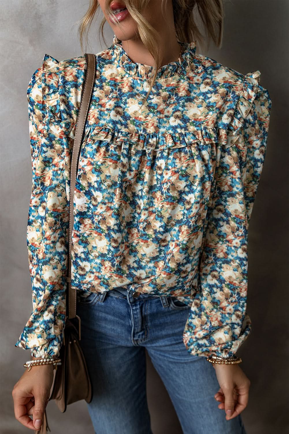 Floral mock neck blouse - sky blue - Love Salve 