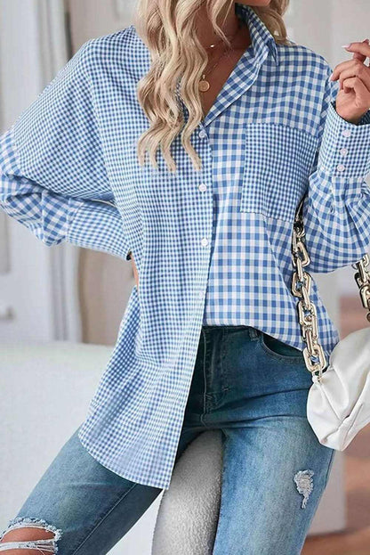Sky blue plaid button-up shirt - Love Salve 