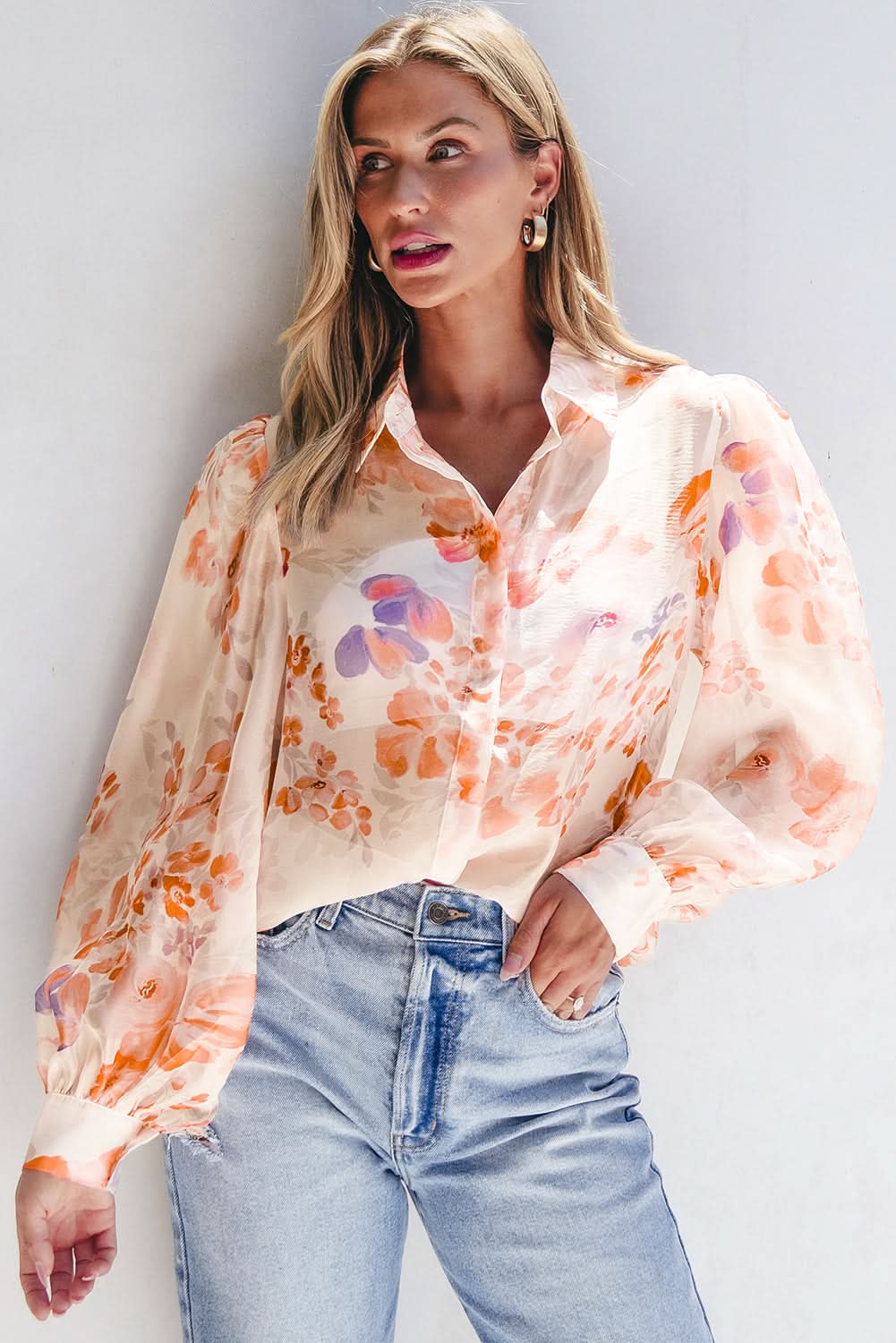 Floral balloon sleeve collared shirt - Love Salve 