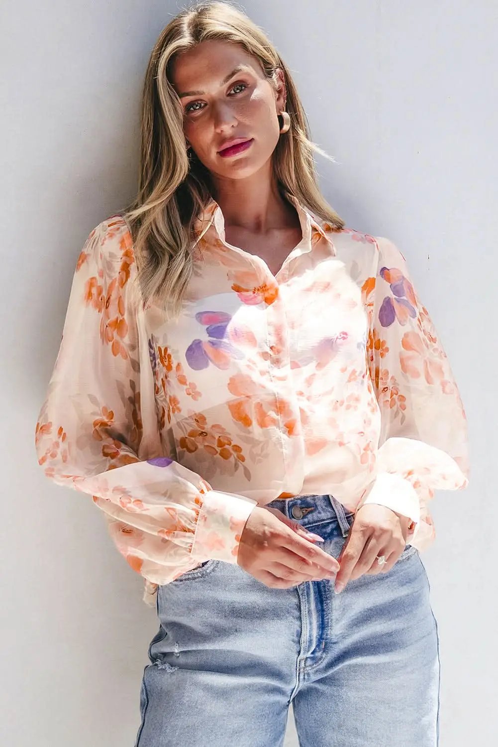 Floral balloon sleeve collared shirt - Love Salve 