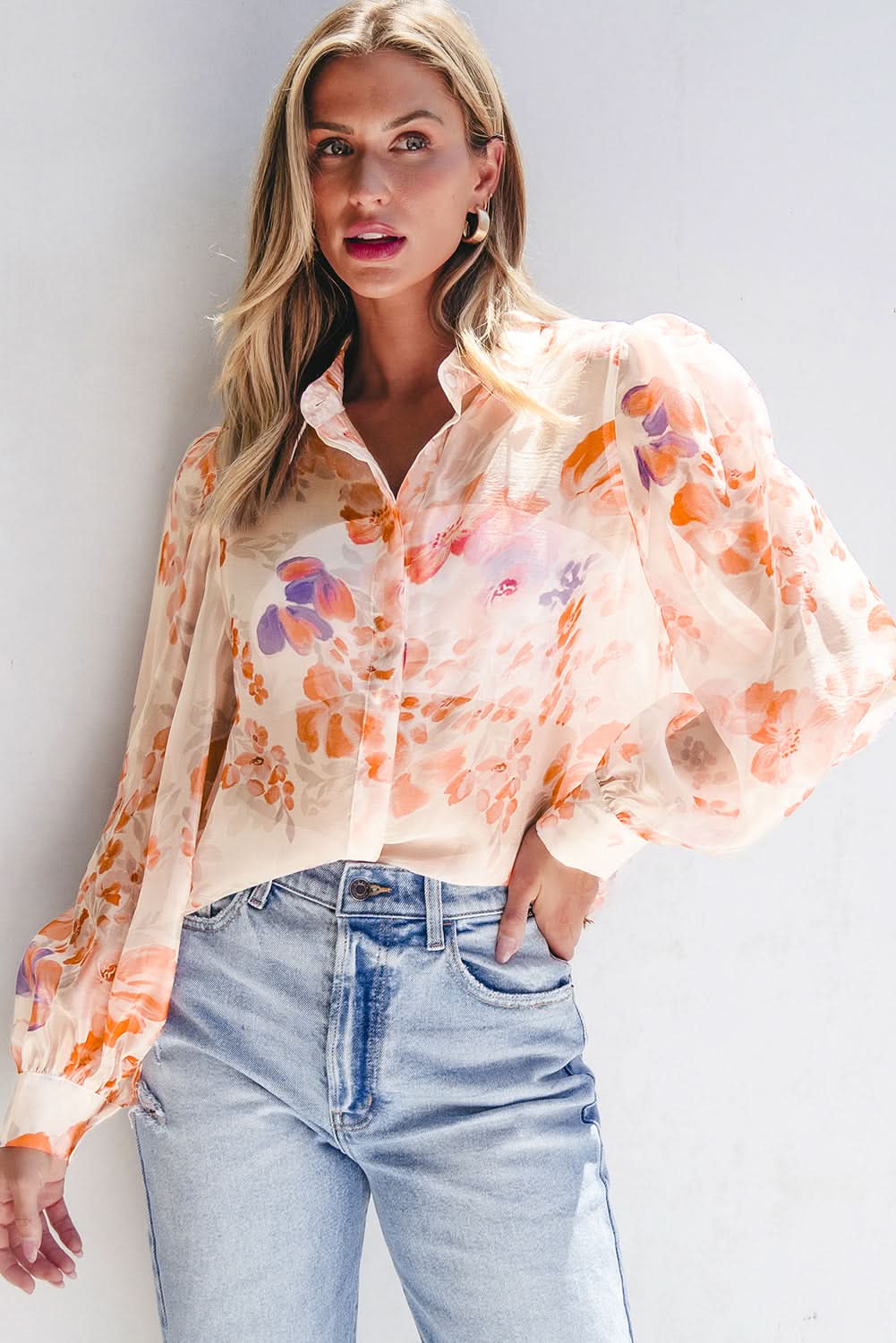 Floral balloon sleeve collared shirt - Love Salve 