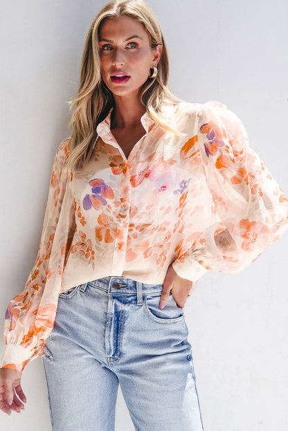 Floral balloon sleeve collared shirt - Love Salve 