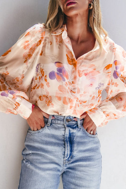 Floral balloon sleeve collared shirt - Love Salve 