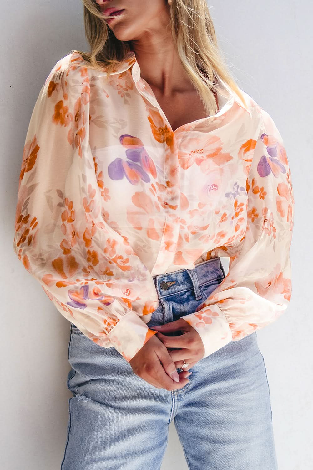 Floral balloon sleeve collared shirt - Love Salve 