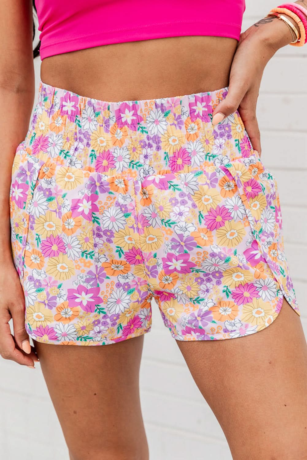 Pink Boho Floral Shirred High Waist Casual Shorts - Love Salve 