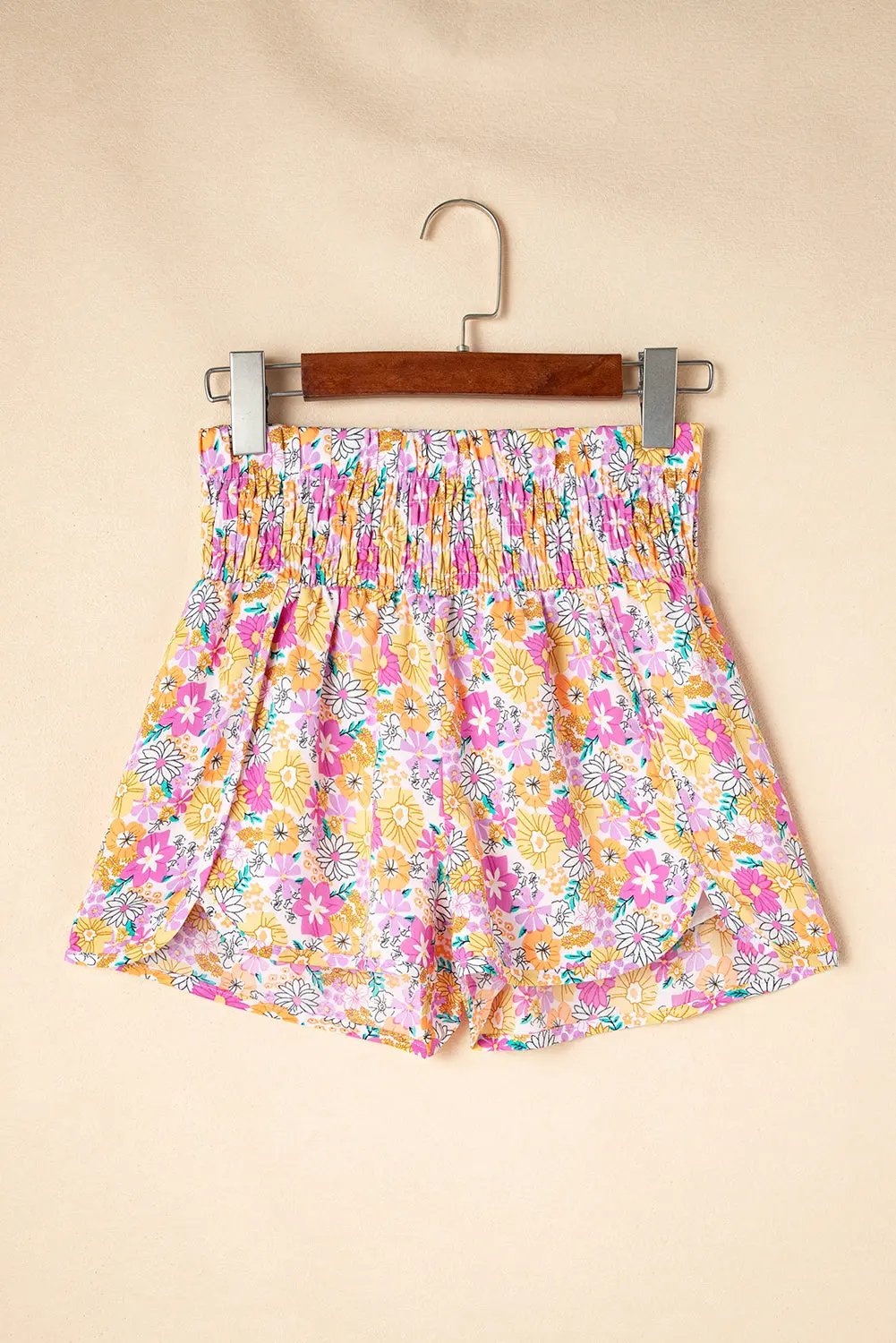 Pink Boho Floral Shirred High Waist Casual Shorts - Love Salve 