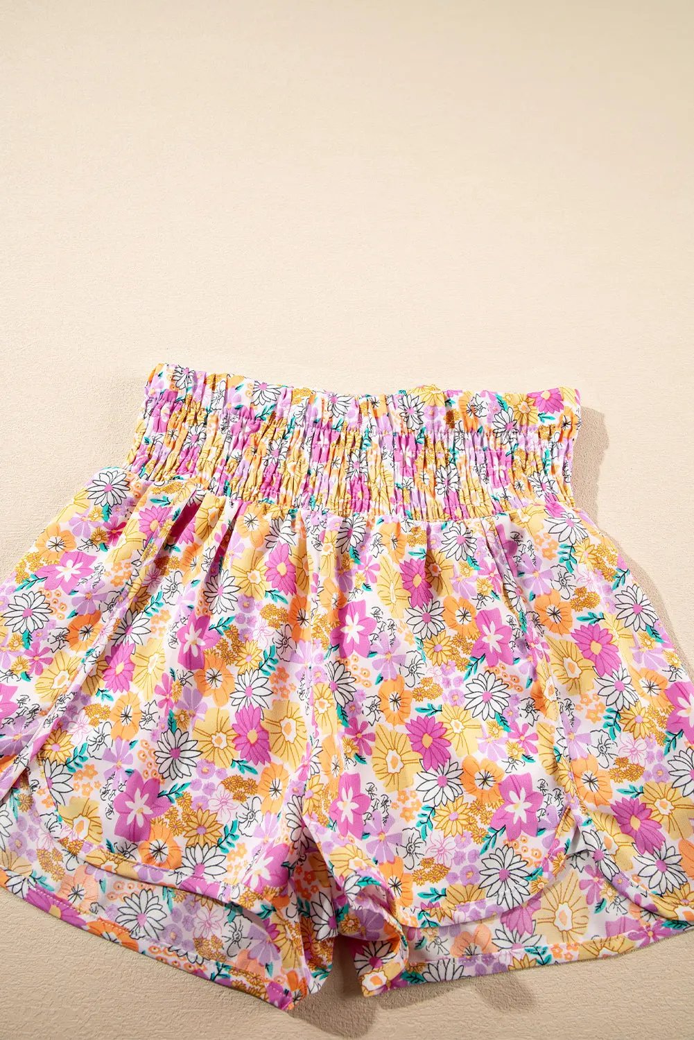 Pink Boho Floral Shirred High Waist Casual Shorts - Love Salve 