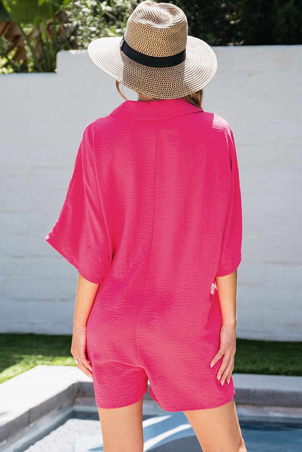 Bright Pink Half Button Collared Loose Romper - Love Salve 