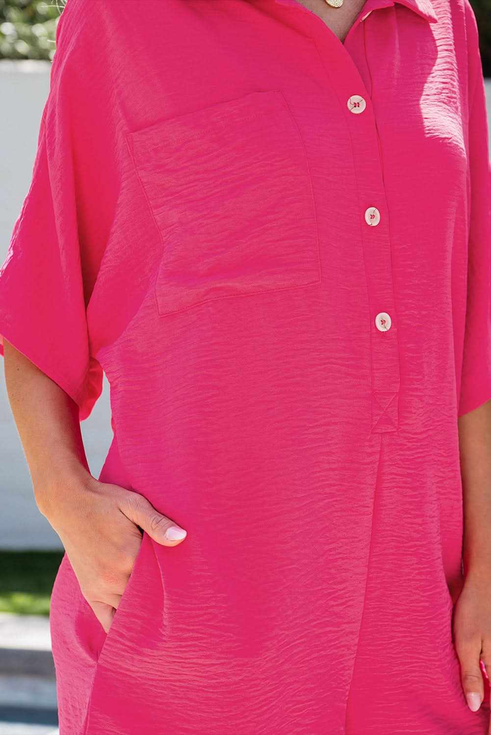 Bright Pink Half Button Collared Loose Romper - Love Salve 