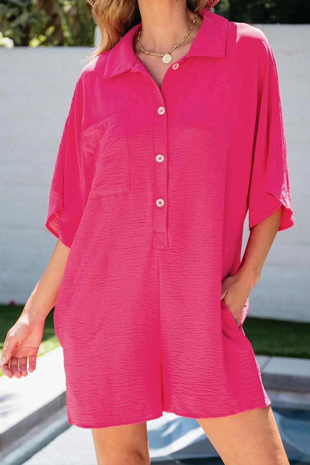 Bright Pink Half Button Collared Loose Romper - Love Salve 