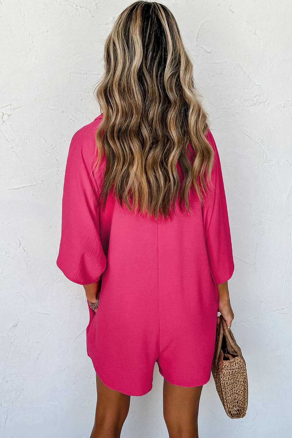 Bright Pink Half Button Collared Loose Romper - Love Salve 