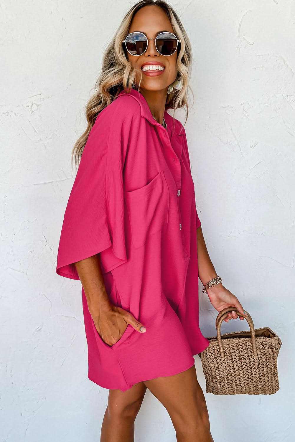 Bright Pink Half Button Collared Loose Romper - Love Salve 