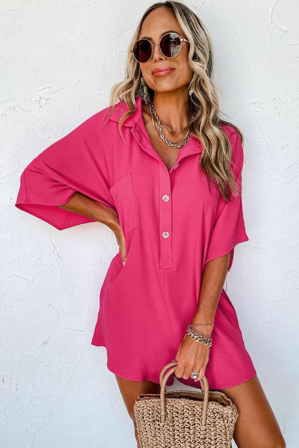 Bright Pink Half Button Collared Loose Romper - Love Salve 
