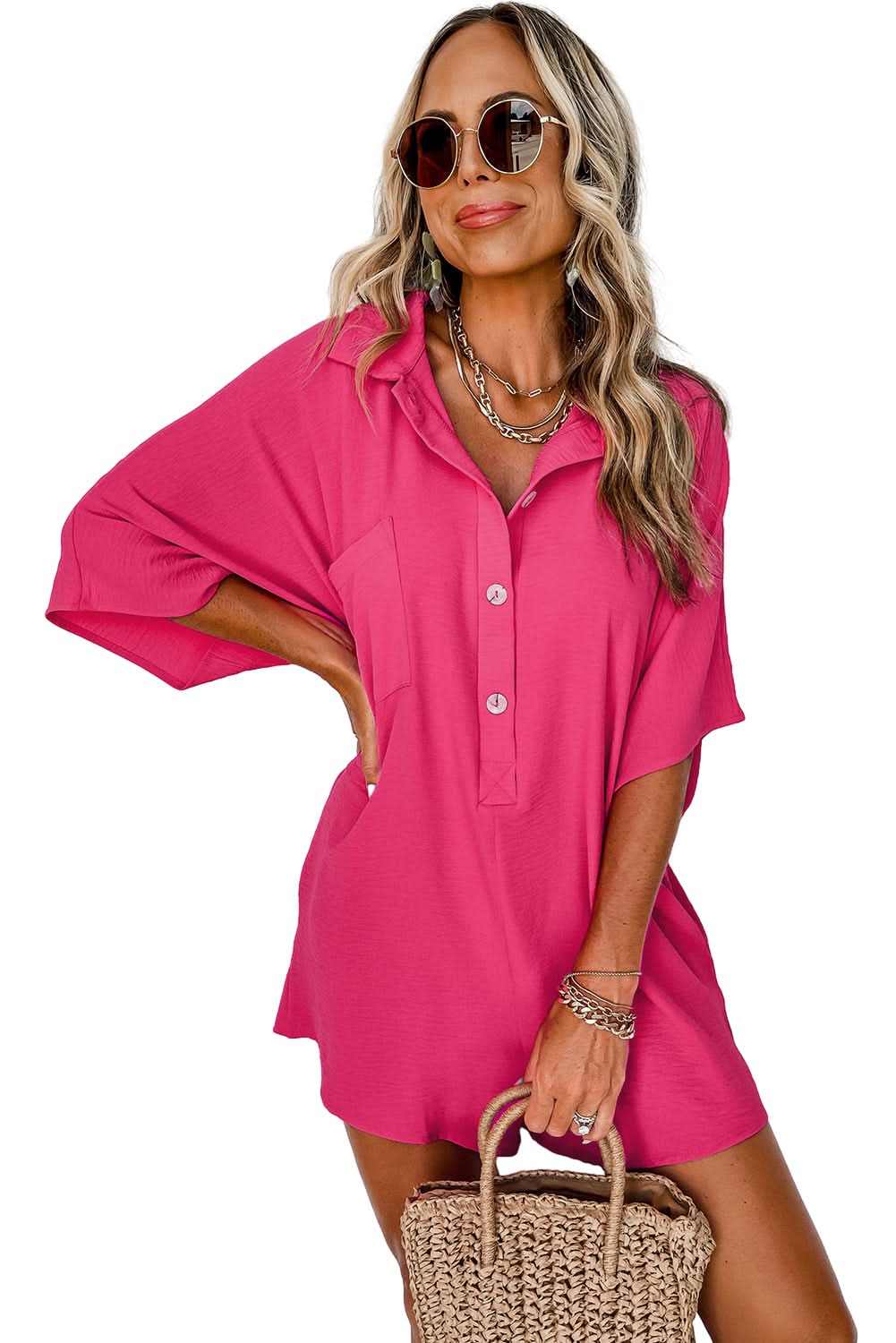 Bright Pink Half Button Collared Loose Romper - Love Salve 