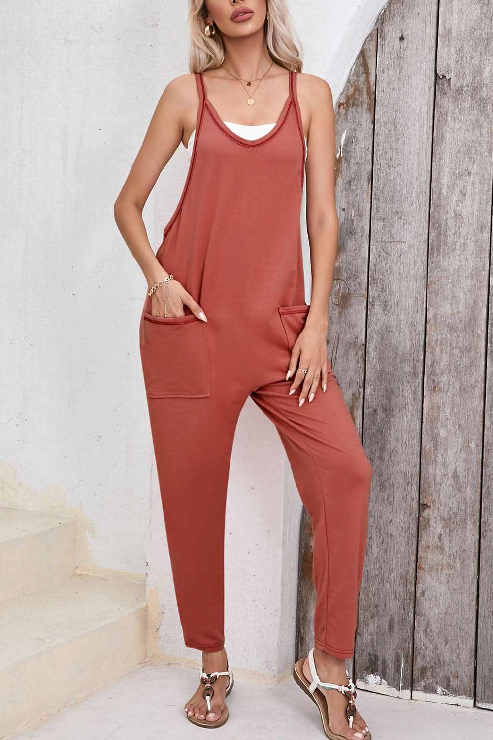 Gold Flame Side Pockets Harem Pants Sleeveless V Neck Jumpsuit - Love Salve 