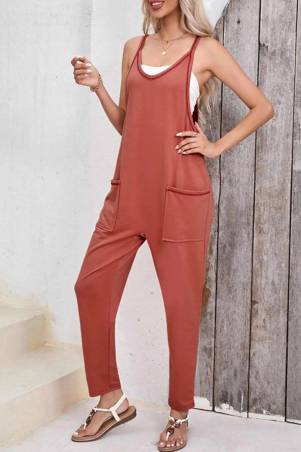Gold Flame Side Pockets Harem Pants Sleeveless V Neck Jumpsuit - Love Salve 