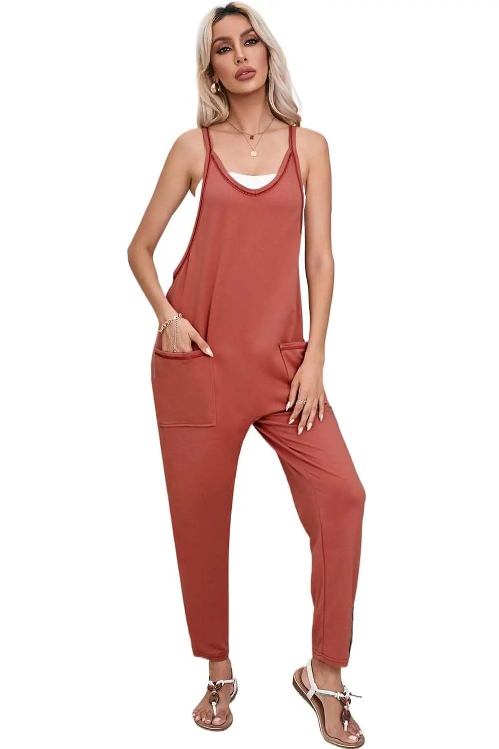 Gold Flame Side Pockets Harem Pants Sleeveless V Neck Jumpsuit - Love Salve 