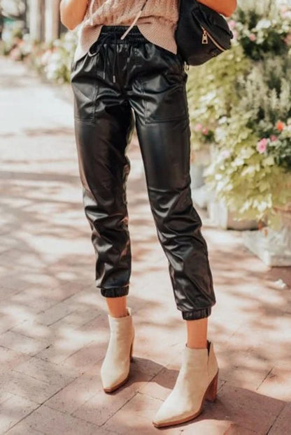Chic black faux leather joggers - Love Salve 