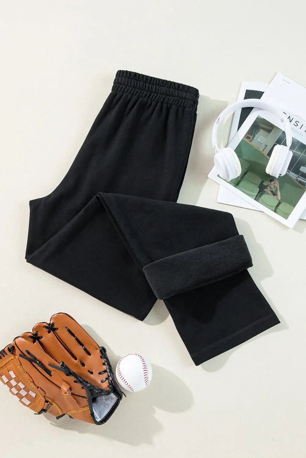Cozy black fleece pants with drawstring - Love Salve 