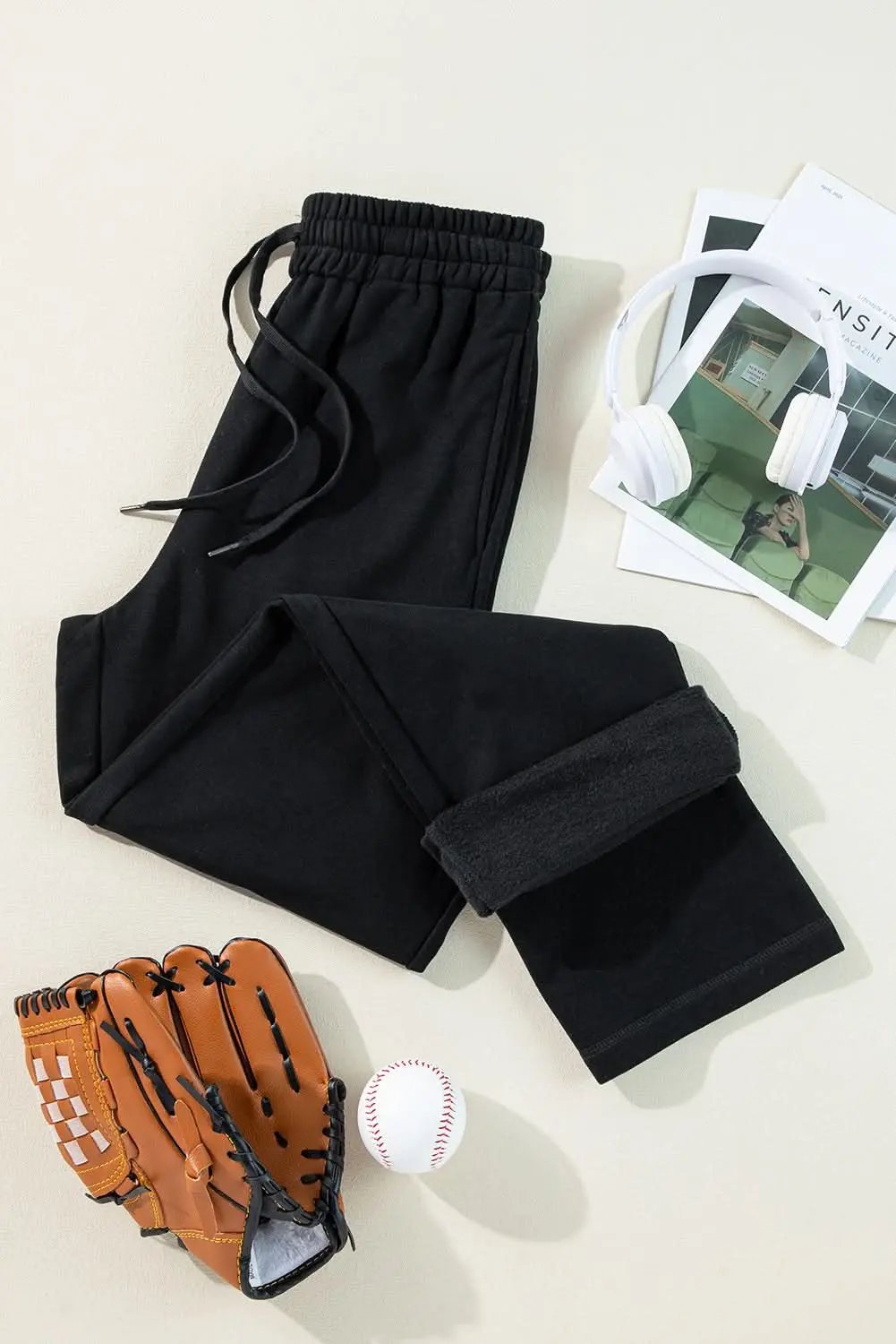 Cozy black fleece pants with drawstring - Love Salve 