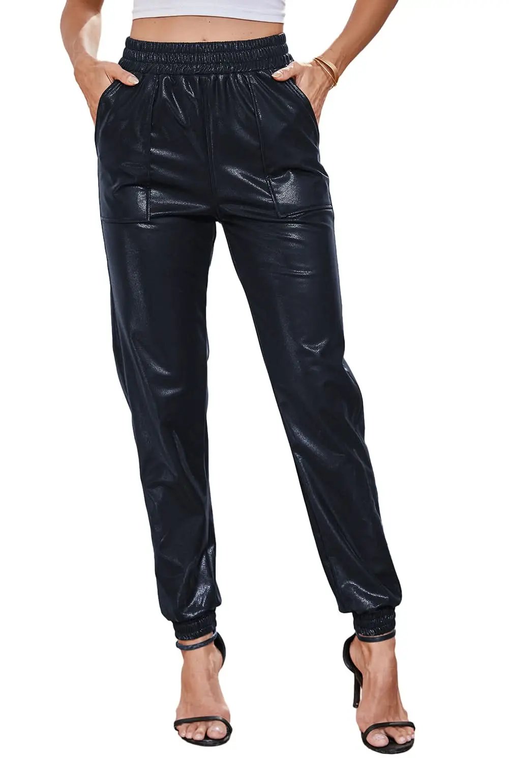 Trendy high-waisted black joggers - Love Salve 