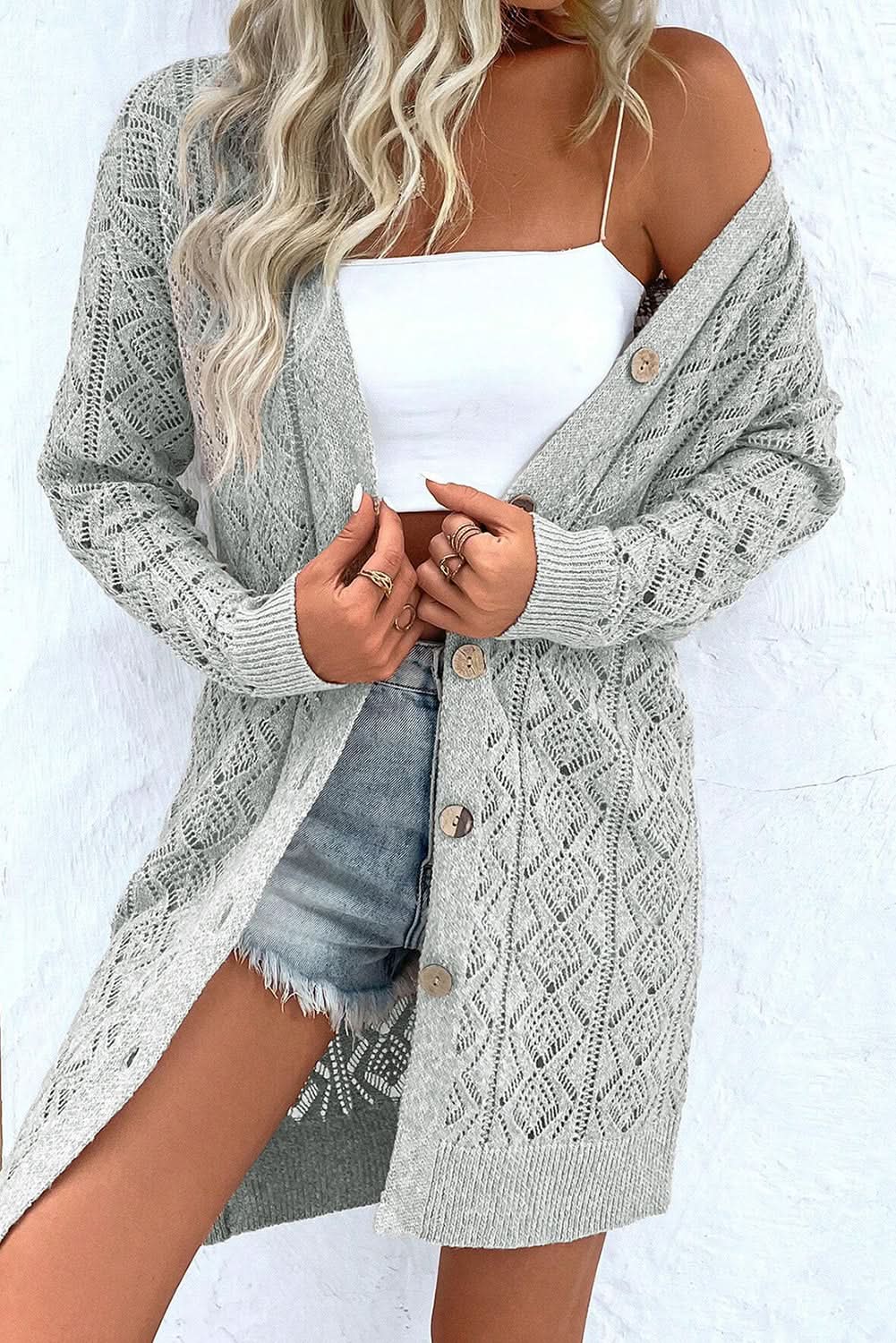 Chic gray long cardigan with buttons - Love Salve 