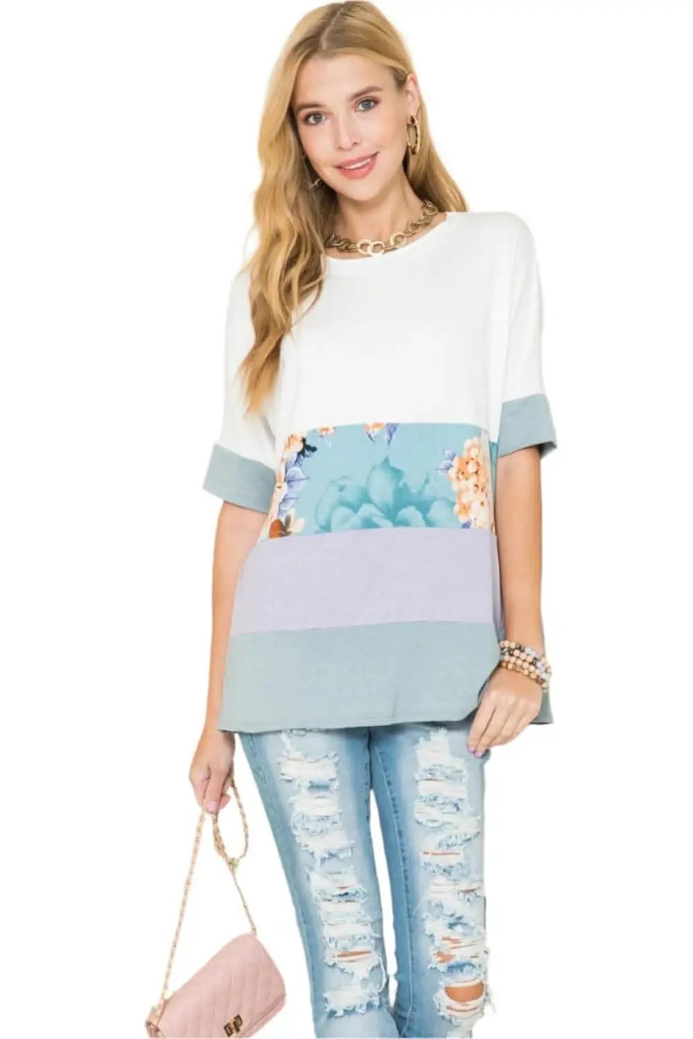 Celeste color block t-shirt in ivory lilac - Love Salve 