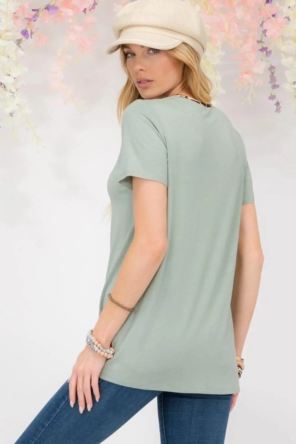 Celeste Full Size Crisscross Cutout Leopard Contrast Trim T-Shirt Sage / 1XL - Love Salve 