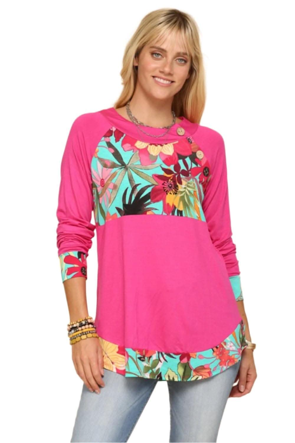 Celeste Full Size Tropical Print Long Sleeve T-Shirt Fuchsia / 1XL - Love Salve 