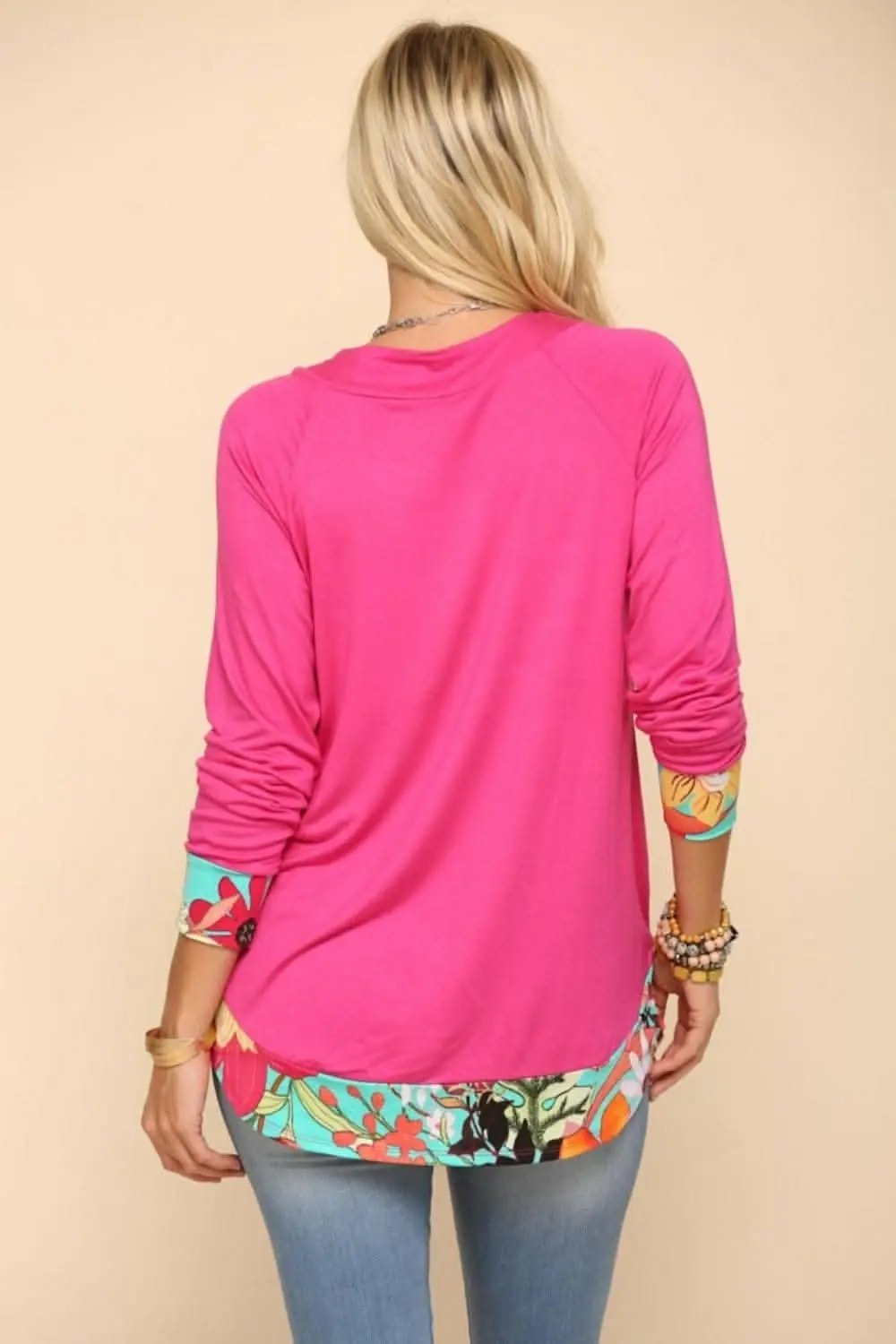Celeste Full Size Tropical Print Long Sleeve T-Shirt Fuchsia / 1XL - Love Salve 