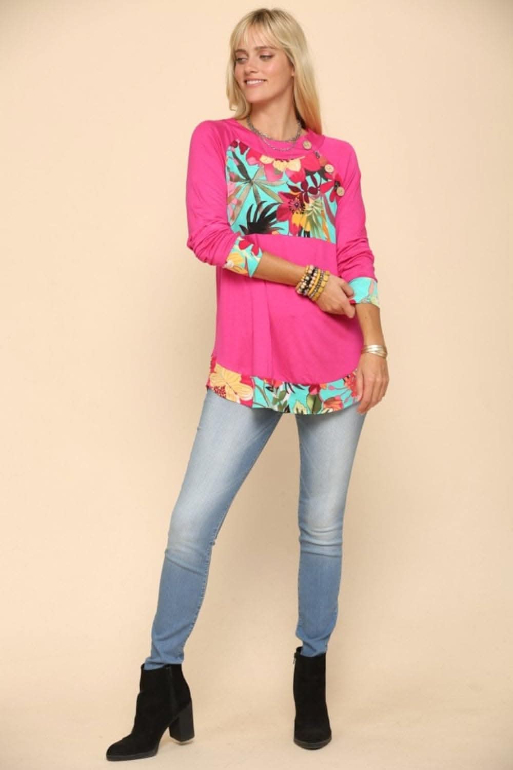 Celeste Full Size Tropical Print Long Sleeve T-Shirt Fuchsia / 1XL - Love Salve 