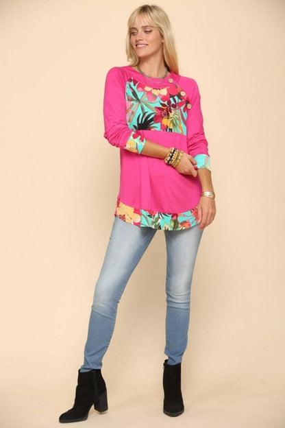 Celeste Full Size Tropical Print Long Sleeve T-Shirt Fuchsia / 1XL - Love Salve 