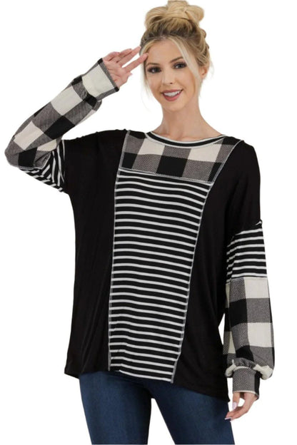 Love Salve Celeste Full Size Color Block Exposed Seam T-Shirt Black/White Plaid/XL - Love Salve 