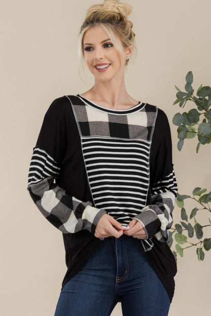 Love Salve Celeste Full Size Color Block Exposed Seam T-Shirt Black/White Plaid/XL - Love Salve 