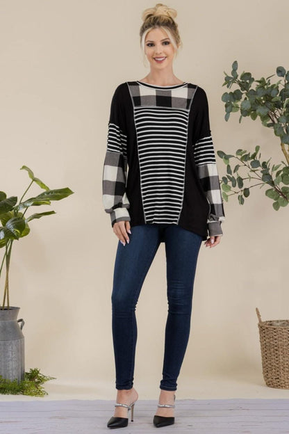 Love Salve Celeste Full Size Color Block Exposed Seam T-Shirt Black/White Plaid/XL - Love Salve 