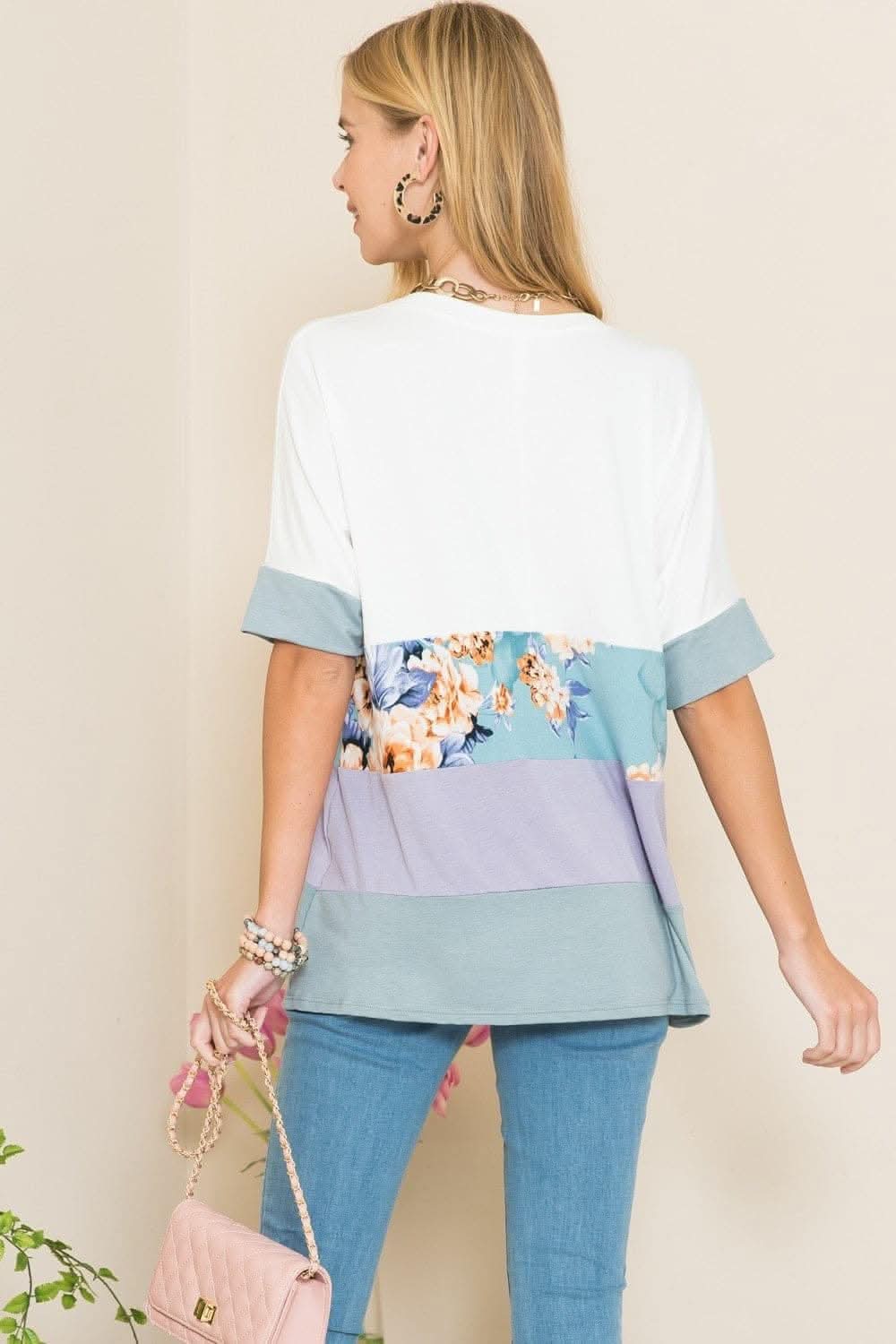 Love Salve Celeste Full Size Contrast Color Block Round Neck T-Shirt Ivory/Lilac/XL - Love Salve 