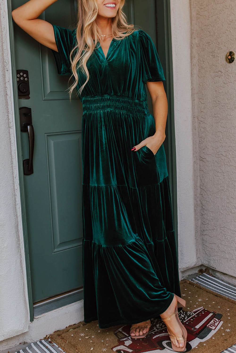 Evergreen velvet tiered maxi dress - Love Salve 